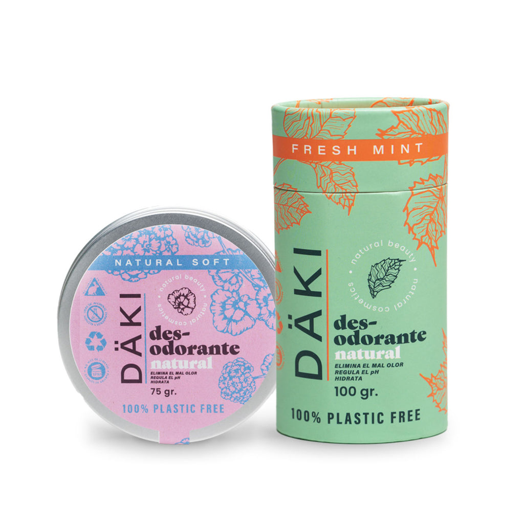 Dúo Desodorantes en Barra y Crema Däki Natural, Desodorante Fresh Mint y Soft, 100% libre de plástico.