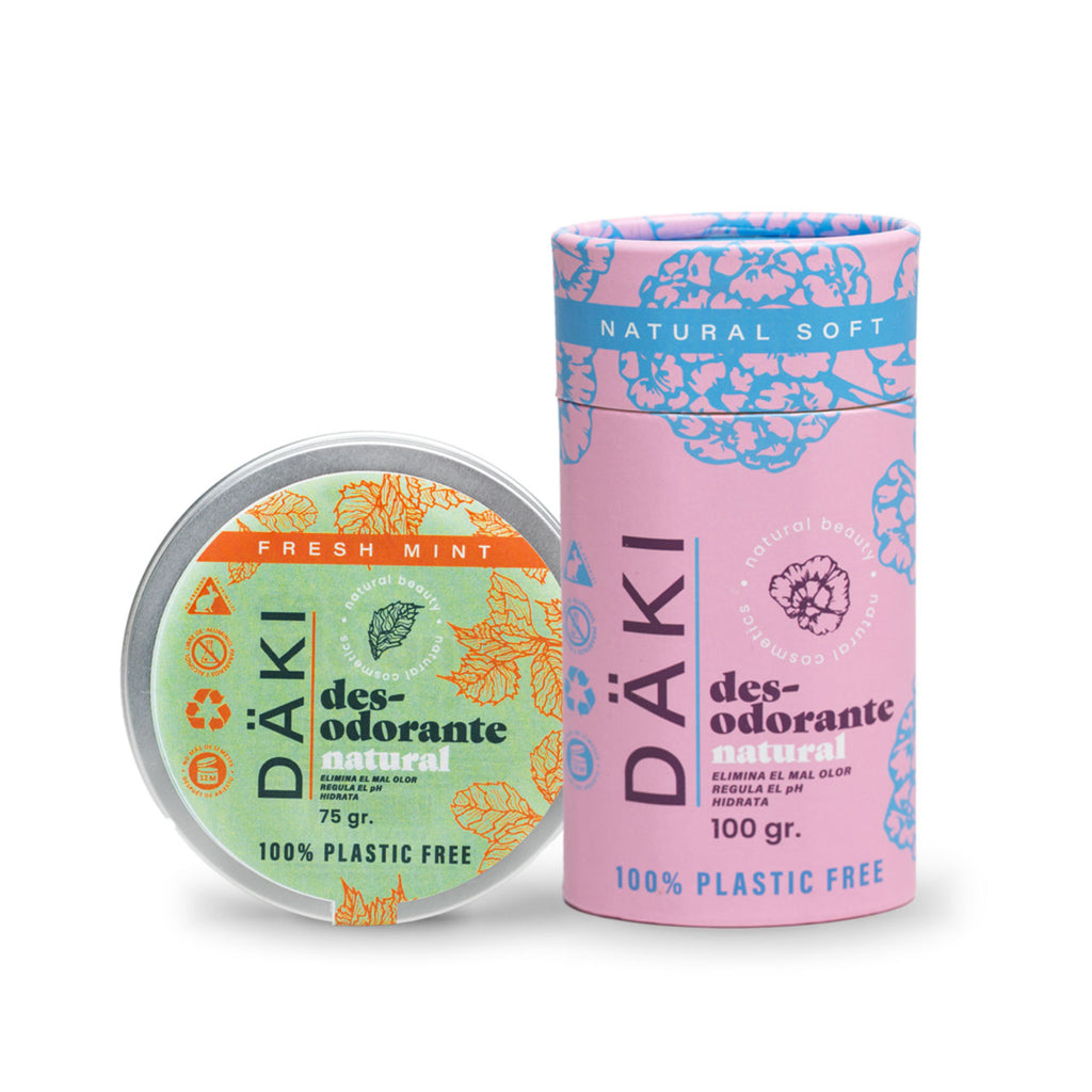 Dúo desodorantes en barra y crema Däki, 100g y 75g, opción natural y eco-amigable.